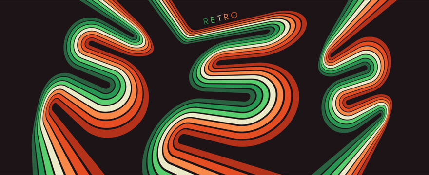 A retro 1970s-style background. Colorful lines. Abstract, dynamic curved ribbons. A serpentine curve of a race track. Designed for posters or banners for sports competitions. Vector illustration.