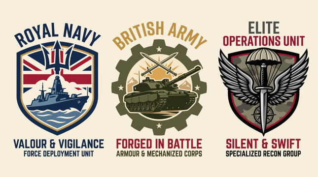 Royal Navy Valour Vigilance and British Army Forged in Battle Patches set logos