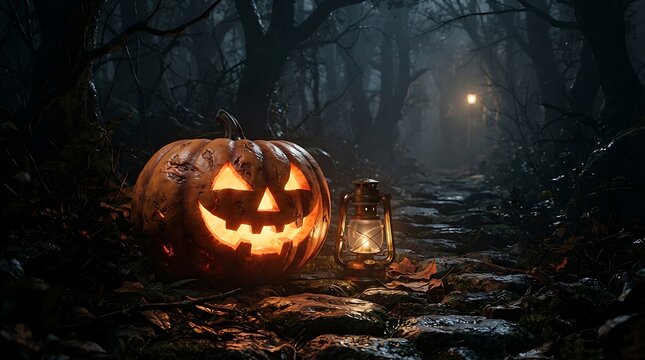 Spooky halloween jack o' lantern in dark forest with vintage lantern