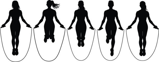 Women jumping rope fitness silhouette sequence set for workout training aerobics and healthy cardio exercise routine vector © MSTRAZINA