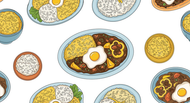 Seamless pattern background featuring delicious japanese curry rice plates topped with fried eggs and bowls of white rice.