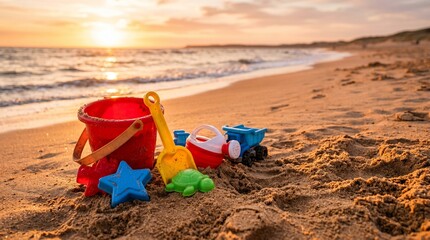 Colorful children beach toys including red bucket and yellow shovel on sandy shore at sunset © Zohaib Hassan