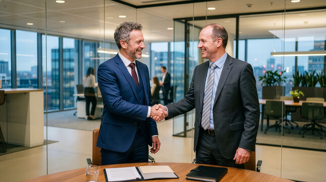 Businessmen Shaking Hands After Successful Business Deal in Modern Office