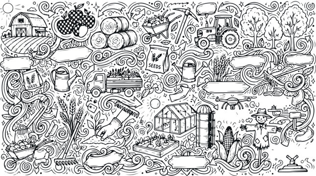 Detailed hand-drawn farm doodle scene with rural landscape and agriculture landscape countryside illustration monochrome livestock vegetables production cultivation
