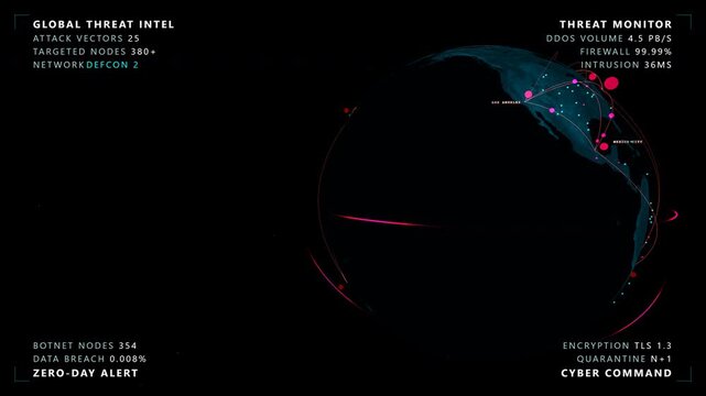 Expansive sweep moving along a cyber warfare globe featuring a glowing cyan and magenta digital earth with threat vectors inside a the modern digital Silk Road from Europe to Tokyo, panoramic view.
