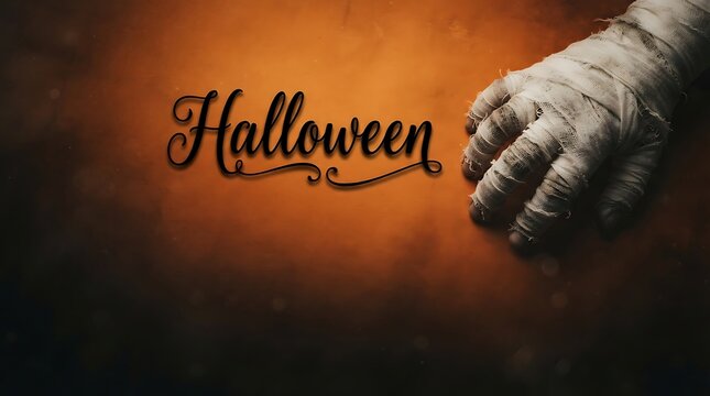 Spooky halloween mummy hand emerging from shadows on orange background