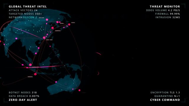 Cinematic transition shifting from a cyber warfare globe featuring a glowing cyan and magenta digital earth with threat vectors, panoramic view.