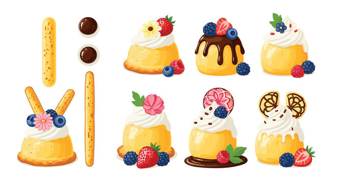 Collection of creamy puddings topped with various fruits like strawberries, blueberries, and raspberries along with chocolate and sticks.