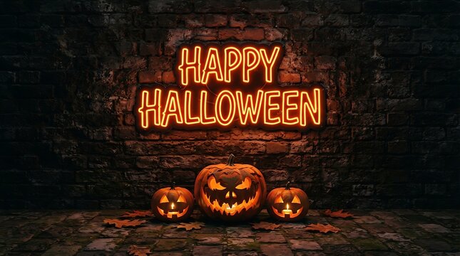 Happy halloween neon sign with jack o' lanterns spooky festive decoration