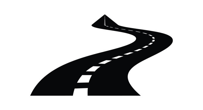 Winding road with dashed markings black and white silhouette