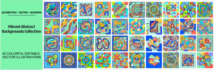Fototapeta premium Vibrant abstract backgrounds collection, 40 colorful editable vector illustrations, geometric retro modern patterns for creative design projects
