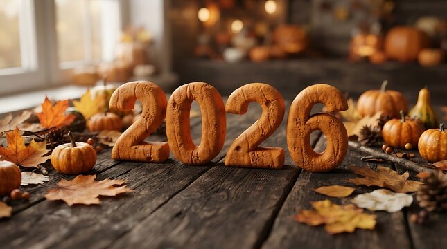 Halloween themed 2026 numbers on wooden table with pumpkins and autumn leaves