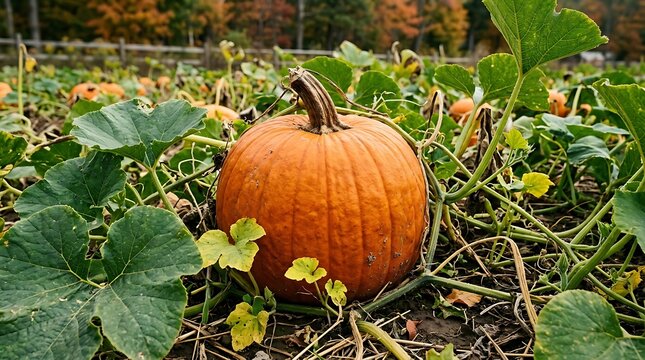 Pumpkin patch on halloween with green leaves and vines
