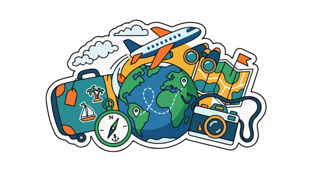 A colorful illustration of travel-related items and a globe with a plane flying overhead