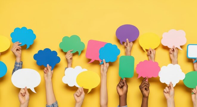 Diverse Group of People Hands Holding Empty Colorful Speech Bubbles for Communication and Social Media Concept