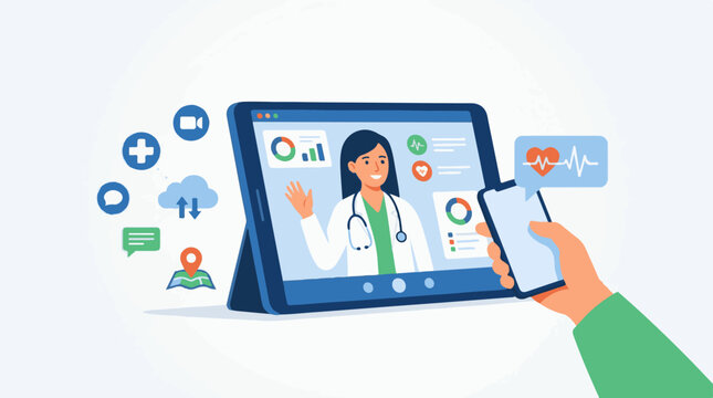 A cartoon doctor on a computer screen waving at a person holding a phone
