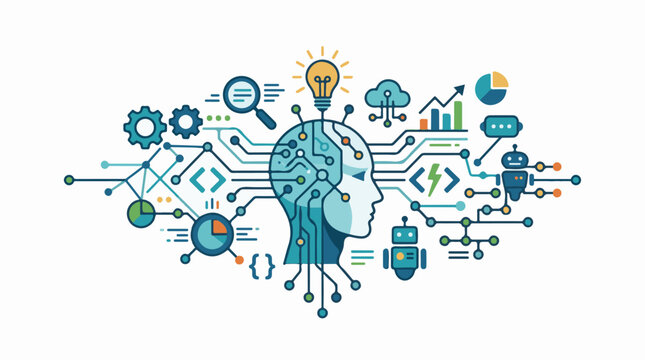 A blue human head with circuit board and various tech symbols