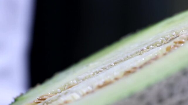 Melon slicing hand knife wooden chopping board peeling skin fresh fruit kitchen cooking preparation recipe k food 멜론 칼 칼질 도마 껍질 분리 손질 손 주방 요리 식재료 과일 조리 썰기 메론 과육 후식 간식