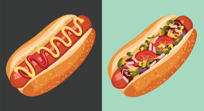 Comparison of two hot dogs, one with simple mustard and ketchup and another loaded with various toppings like onions, tomatoes, and relish.
