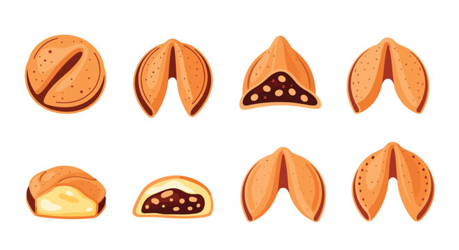 Assorted collection of bakery items featuring traditional fortune cookies, buns, and filled pastries with different textures and colors.