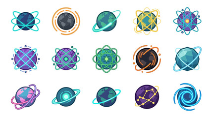 Minimalist Colorful Atomic and Planetary Orbit Illustrations Set Vibrant Space Themed Icons with Earth Planets and Particles © sus