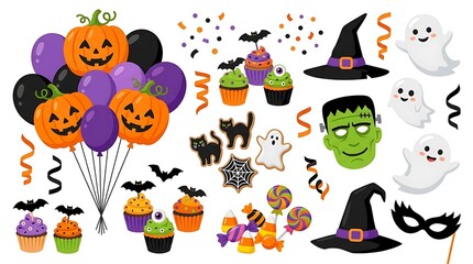 Naklejka premium Halloween Party Icons Bundle Ghost Pumpkin Witch Spider Vector Clipart Collection