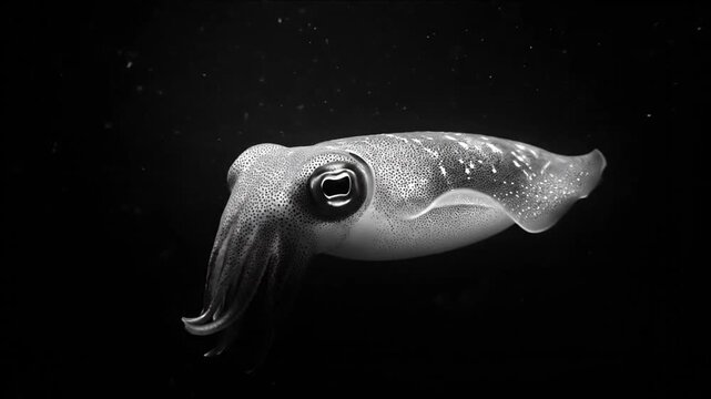 A grayscale image showcases a cuttlefish in the deep ocean, highlighting its detailed texture