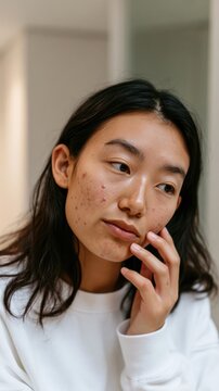 Young woman with acne blemishes touching her face in a close-up portrait