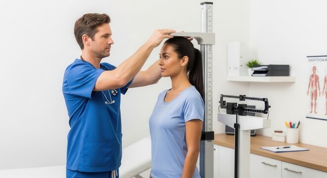 Doctor measures young woman's height using a stadiometer in a bright medical office, with a scale visible in the background.