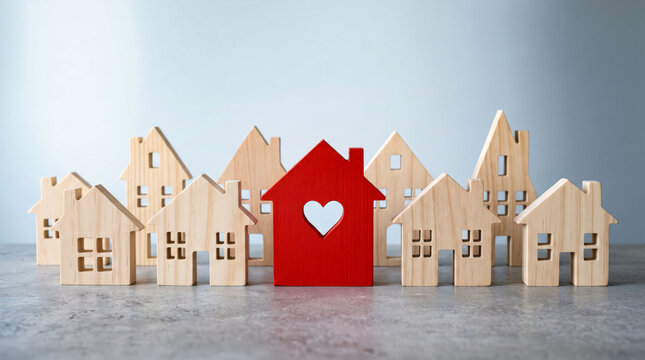 Red house icon with heart in residential neighborhood