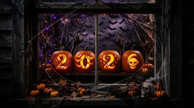 Spooky halloween pumpkins display with carved 2026 year on wooden window sill
