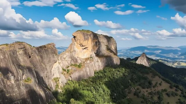 Pedra do Ba&uacute; in S&atilde;o Bento do Sapuca&iacute; in aerial view. Rock climbing site. Atlantic Forrest. Time lapse.