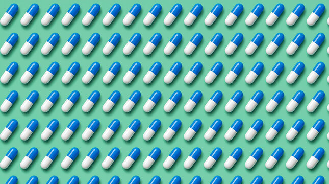 Blue and white pill capsules arranged in grid pattern