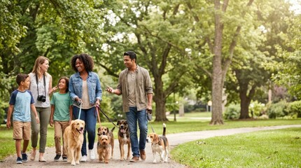 Obraz premium Happy family walking dogs through sunny green city park.