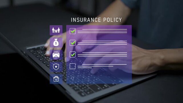 Insurance policy checklist concept. Person using laptop with insurance and checklist icons, policy review, coverage verification and risk management.