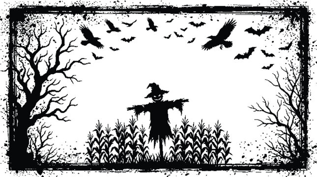 Halloween scarecrow in cornfield with crows and bats silhouette