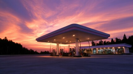Fototapeta premium Golden hour sunlight casts warm colors over a clean and modern gas station with glowing pumps and an empty forecourt at sunset.