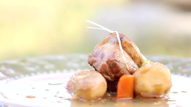Braised pork belly taro stew fusion cuisine gourmet plating plate recipe food ingredient pork meat pork ribs 통돼지삼겹살 삼겹살 돼지고기 숯불구이 돼지고기볶음 짜글이 스튜 케이푸드 퓨전 토란 당근 조림 플레이팅 접시 요리 식재료 음식 갈비 양념구이
