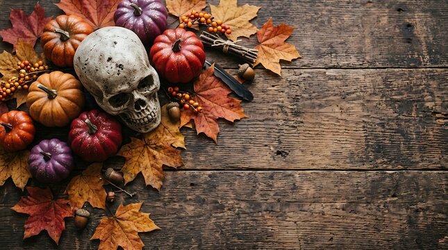 Halloween themed still life with skull pumpkins and autumn leaves on wooden background