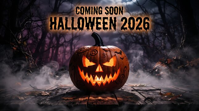 Spooky halloween 2026 glowing pumpkin in haunted forest