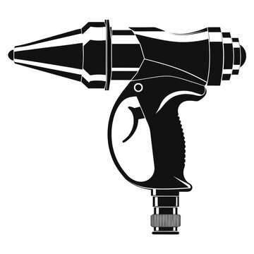 Retro futuristic ray gun vector illustration, vintage sci-fi laser blaster icon, black and white space weapon silhouette for gaming and comics
