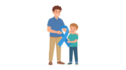 Fototapeta premium Father and son holding a blue ribbon together celebrating achievement and success