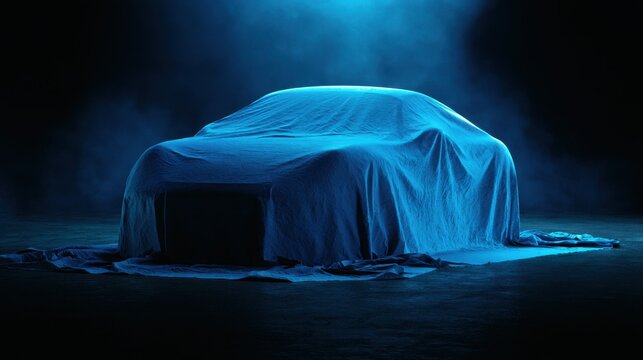 A sleek car is covered by a blue fabric veil in a dark room. Automotive concept for a new vehicle launch.