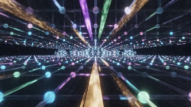 Abstract digital tunnel with glowing particles moving forward in a futuristic network concept
