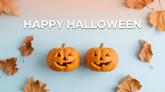 Happy halloween two jack o' lanterns with autumn leaves holiday concept