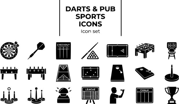Darts and Pub Sports Silhouette Icon Set with Dartboard, Pool Cue, Foosball Table and Cornhole Toss, 20 Icons for Pub Sports Leagues and Bar Branding, Flat Vector
