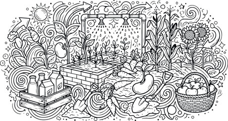 Obraz premium Black and white hand drawn sketch of a vertical urban farm with hydroponic plants and fresh produce agriculture hydroponics vegetables sustainability gardening technology irrigation