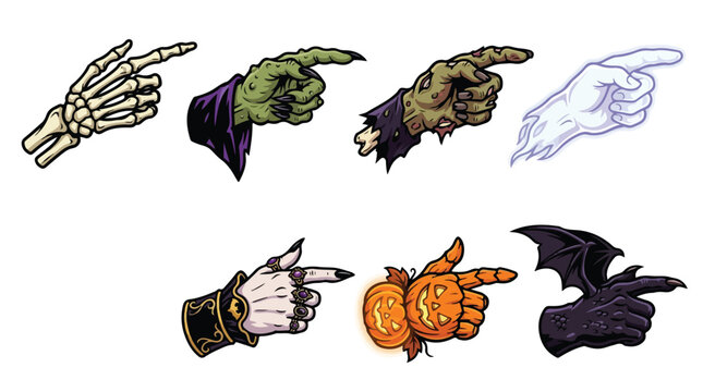 Halloween Pointing Monster Hands Vector Set, Skeleton Zombie Ghost and Vampire Directional Finger Icons on White