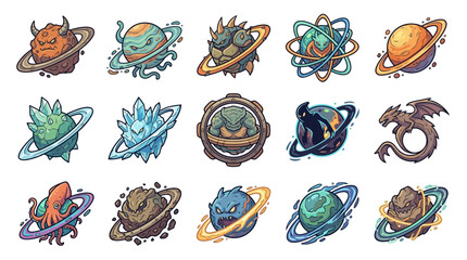 Creative Collection of Whimsical Space Themed Fantasy Creatures with Planetary Rings and Unique Designs © Tobel