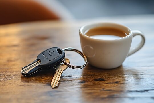 Car keys resting on wooden table beside white coffee cup in warm morning light